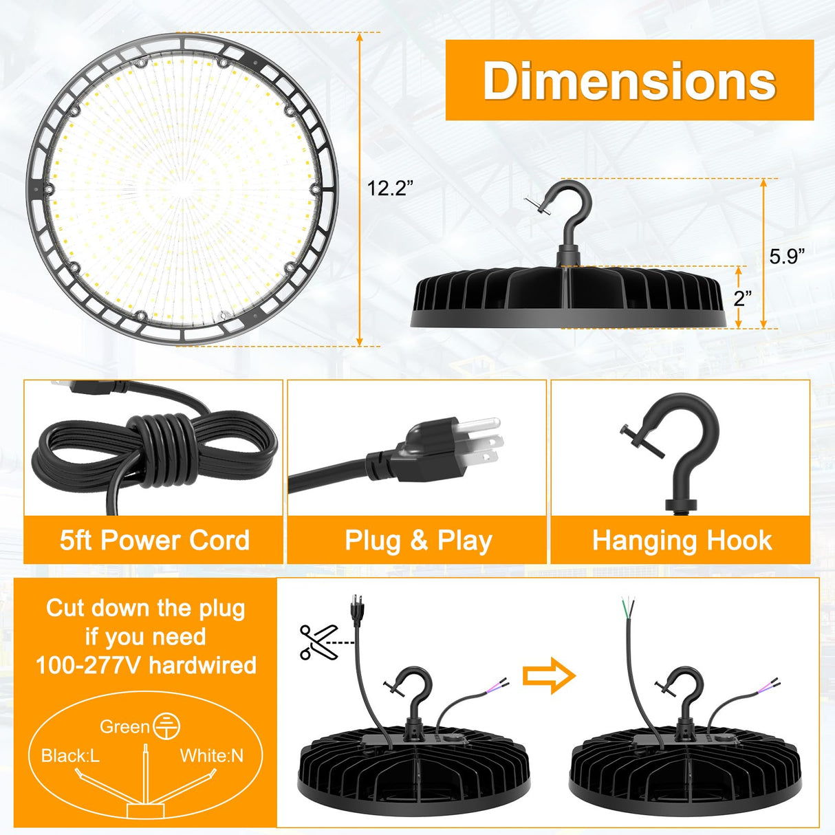 LED High Bay Light - BI Series,240W,36000lumens,Selectable Wattage&CCT,100-277V WITH US PLUG