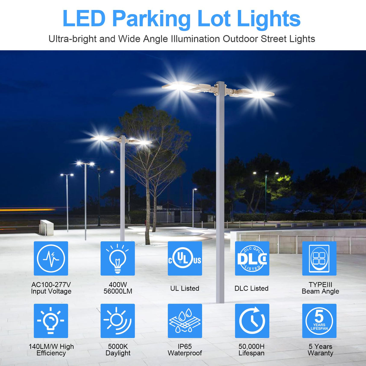 LED Parking Lot Light - SB Series With Arm Mount,400W,60000lumens,Selectable Wattage,5000K,100-277V,Built in Photocell
