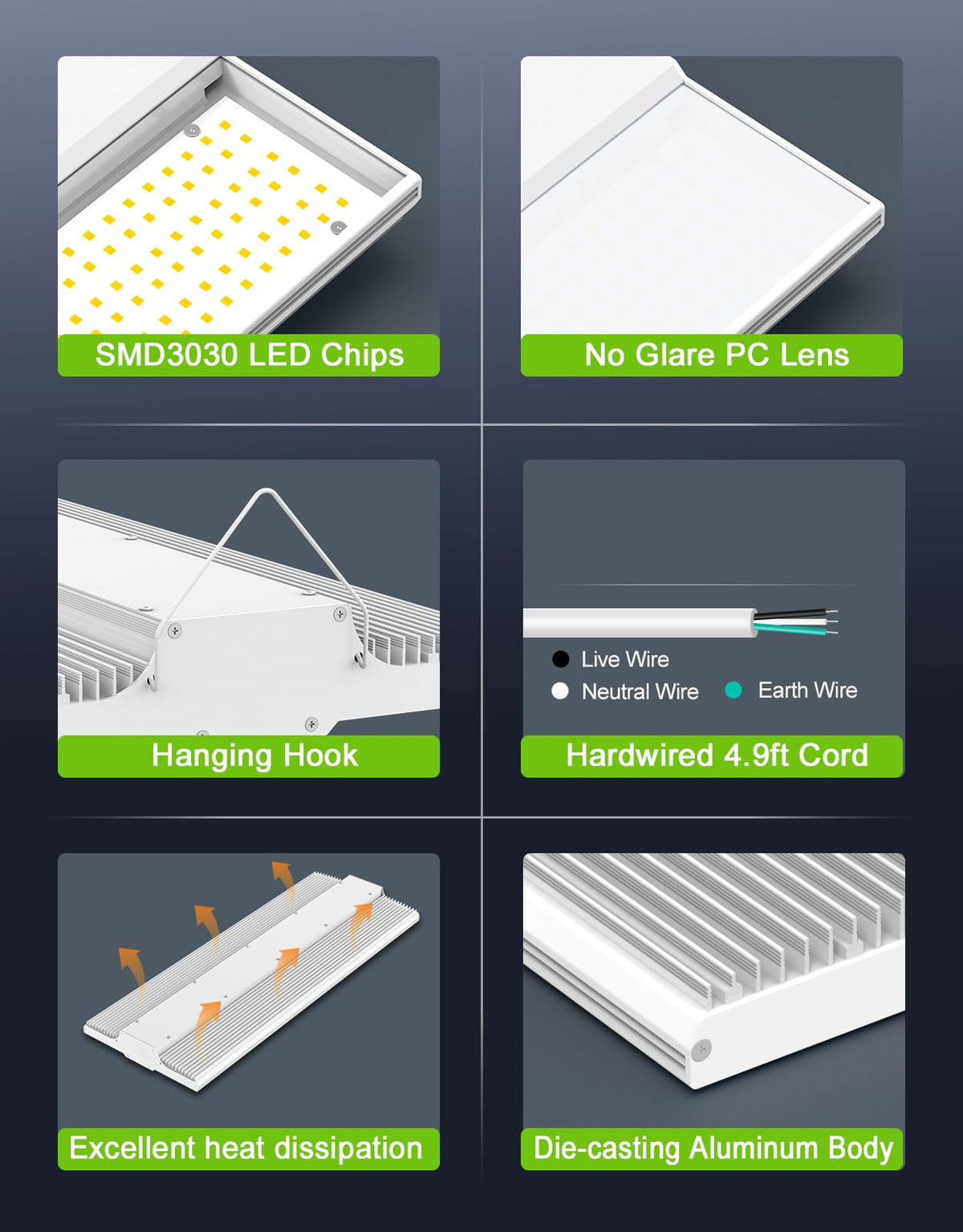 NGTLIGHT LED Linear High Bay Light - LHB Series, 300W, 5000K, 100-277V, 0-10V DIMMABLE