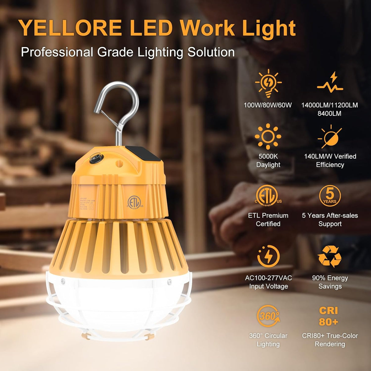LED Temporary Work Light - LTW Series,100W,14000lumens,Selectable Wattage,5000K,100-277V,US PLUG