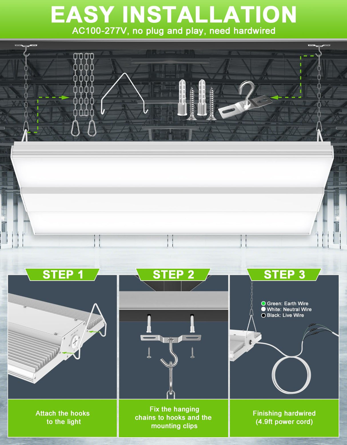 NGTLIGHT LED Linear High Bay Light - LHB Series, 150W-400W, Selectable Wattage&CCT, 100-277V