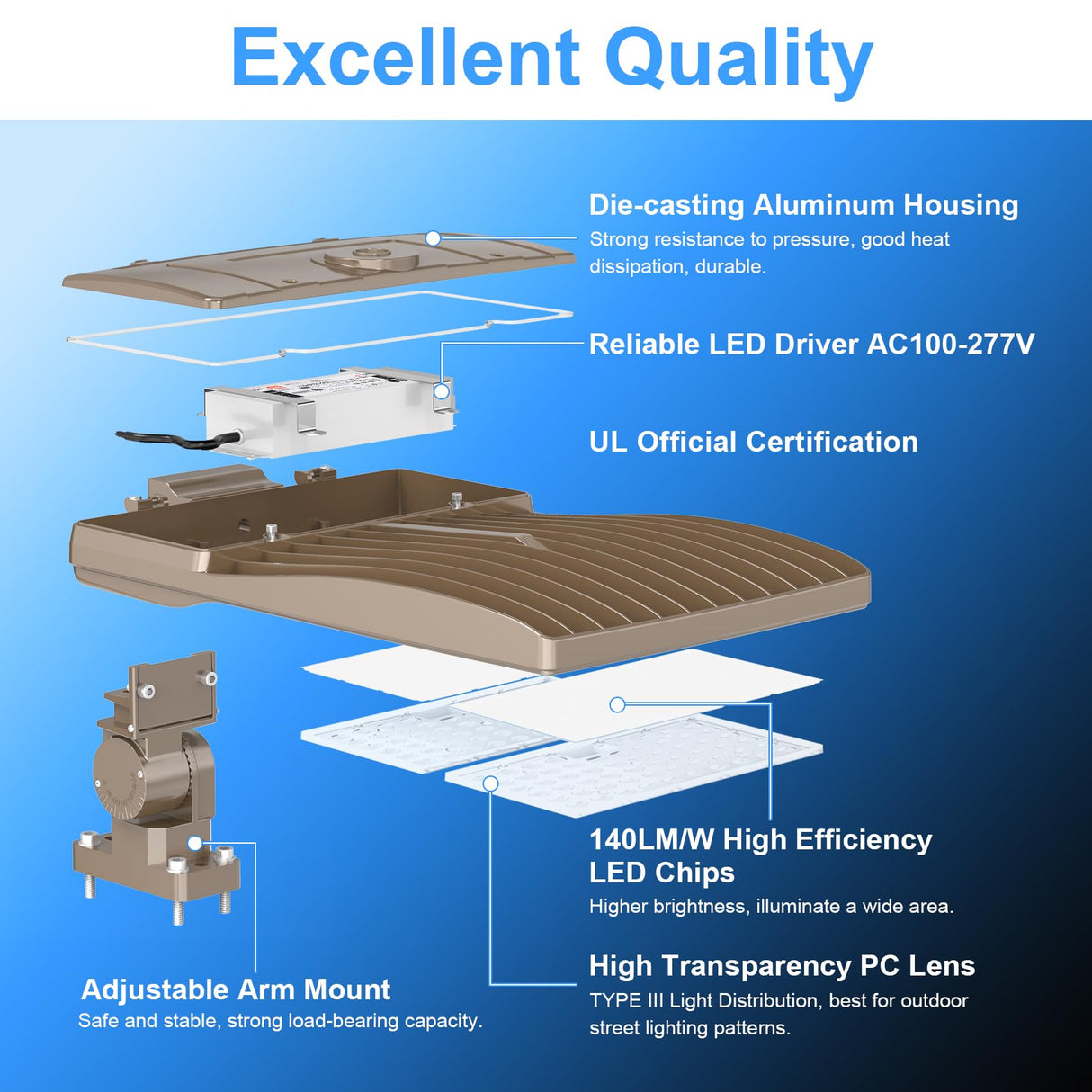 LED Parking Lot Light - SB Series 400W,56000lumens,Selectable Wattage,5000K,100-277V,Built in Photocell,No Bracket