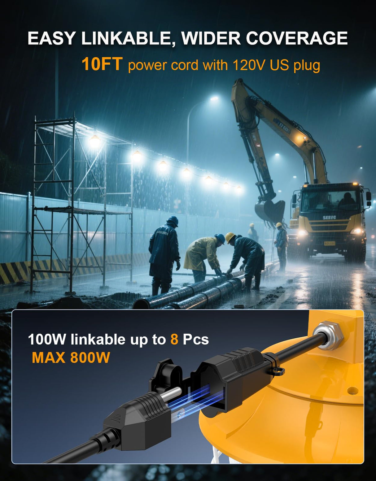 LED Temporary Work Light- PTL Series,100W,15000lumens,Selectable Wattage& CCT,AC120V,ON/Off Button