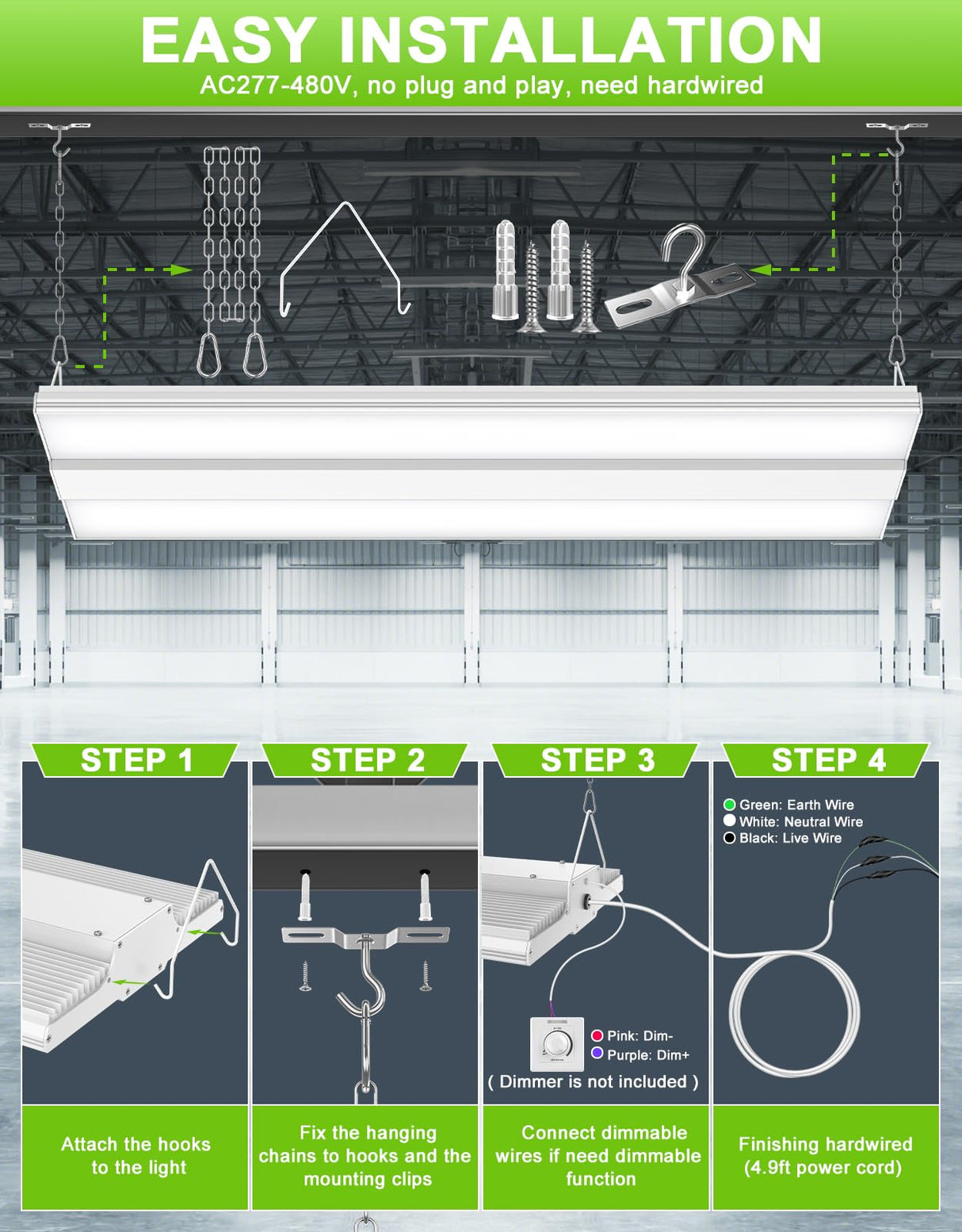 NGTLIGHT LED Linear High Bay Light - LHB Series,400W,60000lumens,5000K,277-480V,0-10V DIMMABLE