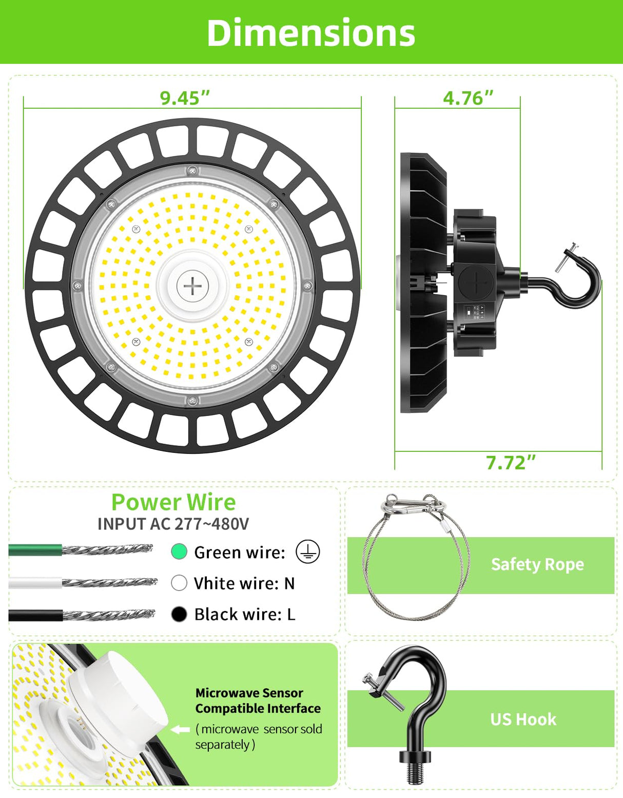 NGTLIGHT LED High Bay Light - UFO05 Series,150W,22500lumens,Selectable Wattage,5000K,277-480V