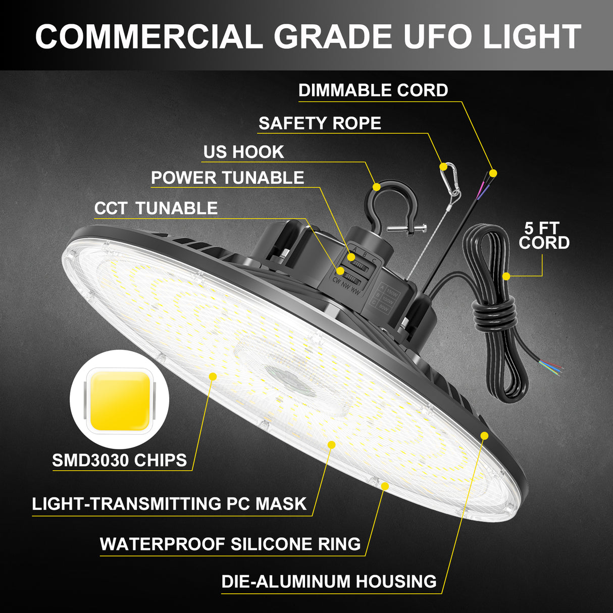 LED High Bay Light - PRO Series,150W,22500lumens,Selectable Wattage & CCT,100-277V,0-10V DIMMABLE