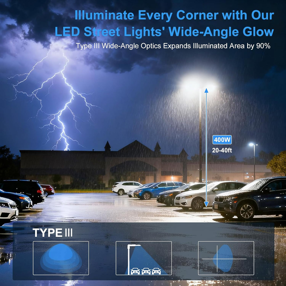 NGTLIGHT LED Parking Lot Light - SB Series,400W,60000lumens,Selectable Wattage,5000K,277-480V,Built in Photocell