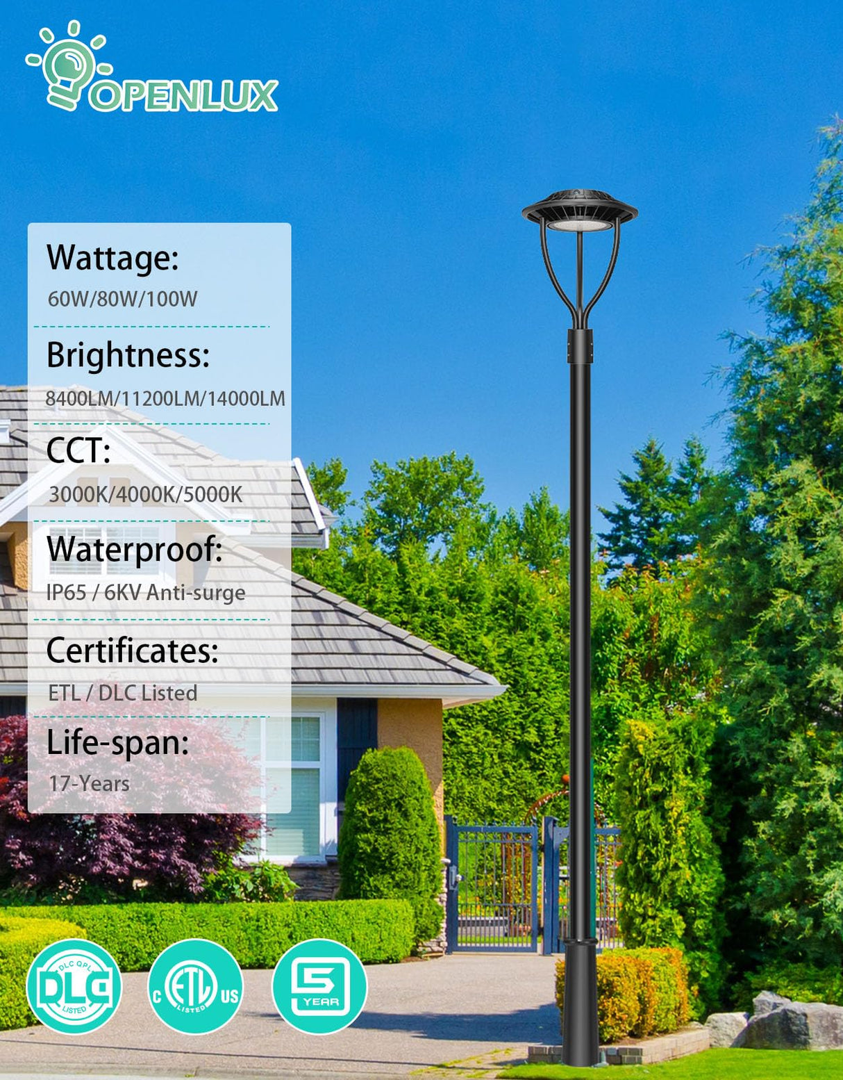 LED Post Top Light- PTA Series,100W,14000lumens,Selectable Wattage& CCT,100-277V,With Built-In Photocell