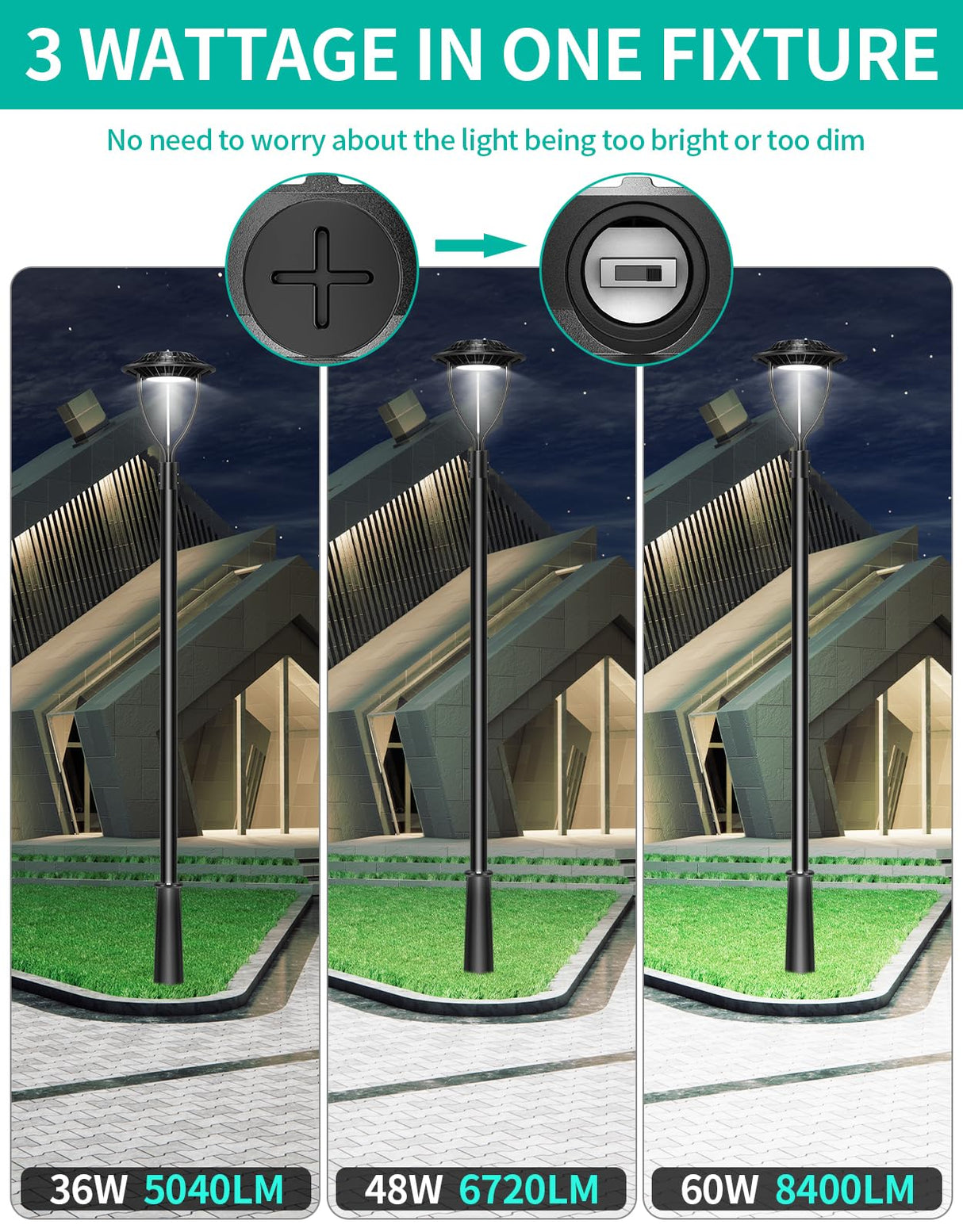 NGTLIGHT LED Post Top Light- PTA Series,60W,8400lumens,Selectable Wattage,5000K,100-277V,With Built-In Photocell