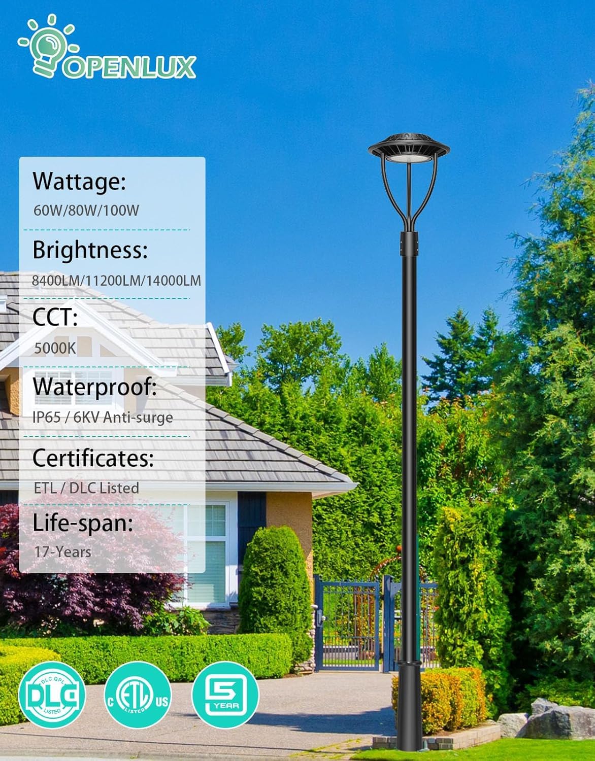 LED Post Top Light- PTA Series,100W,14000lumens,Selectable Wattage,5000K,100-277V,With Built-In Photocell