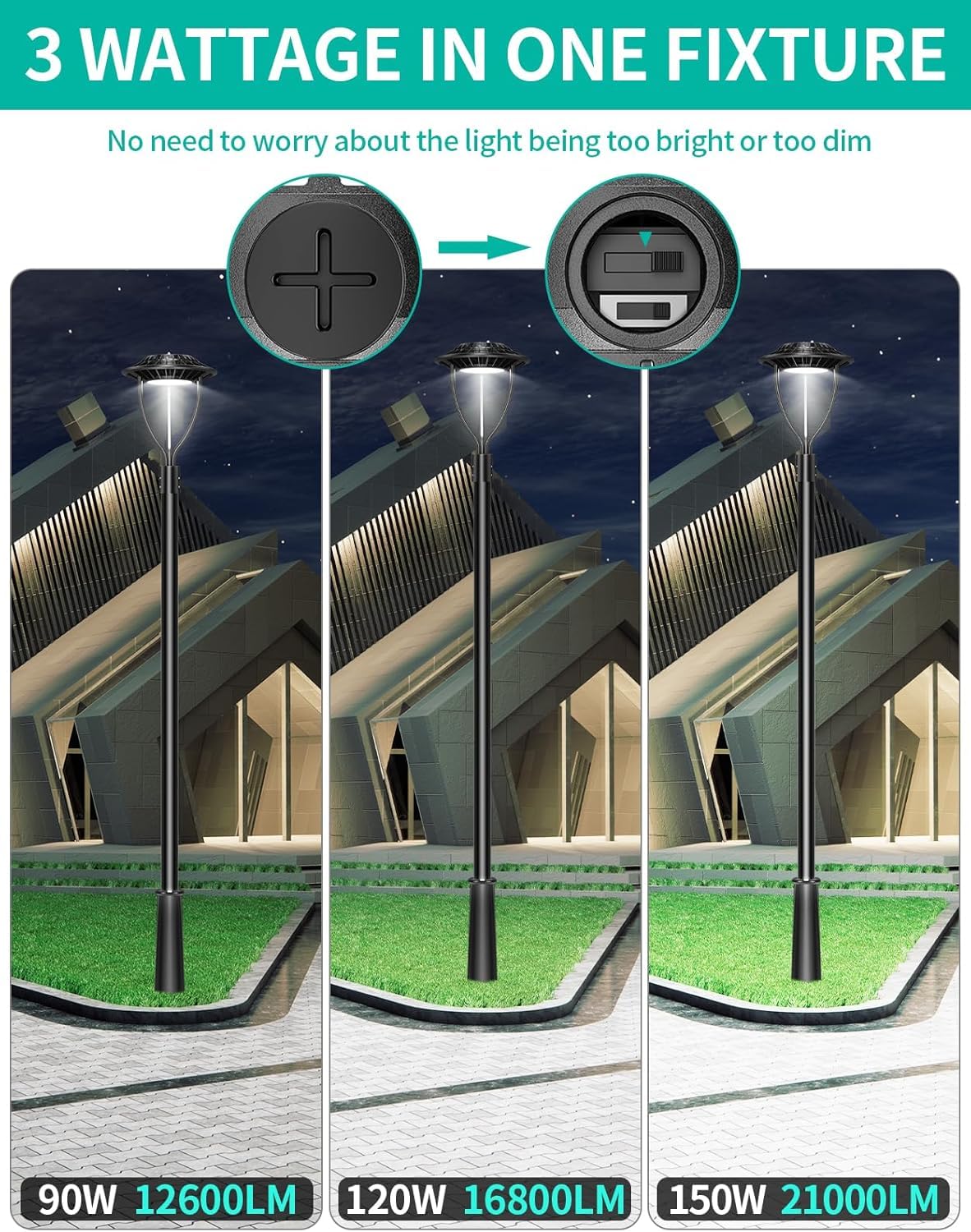LED Post Top Light- PTA Series,150W,21000lumens,Selectable Wattage,100-277V,Dusk to Dawn Optional