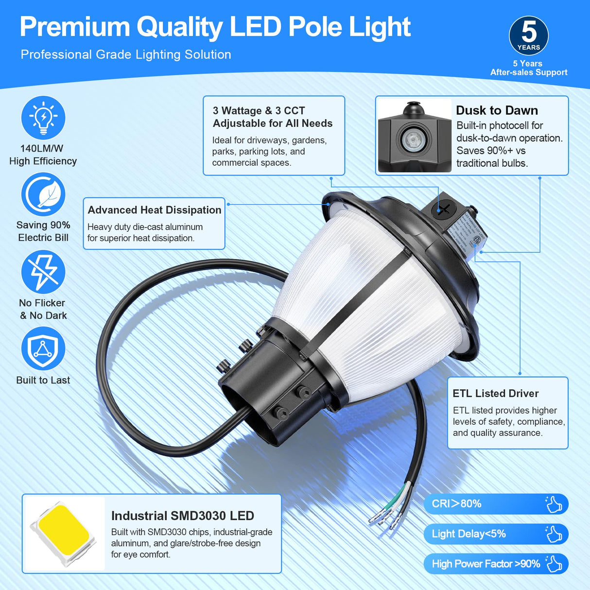 LED Post Top Light- PAL Series,100W,14000lumens,Selectable Wattage & CCT,100V-277V