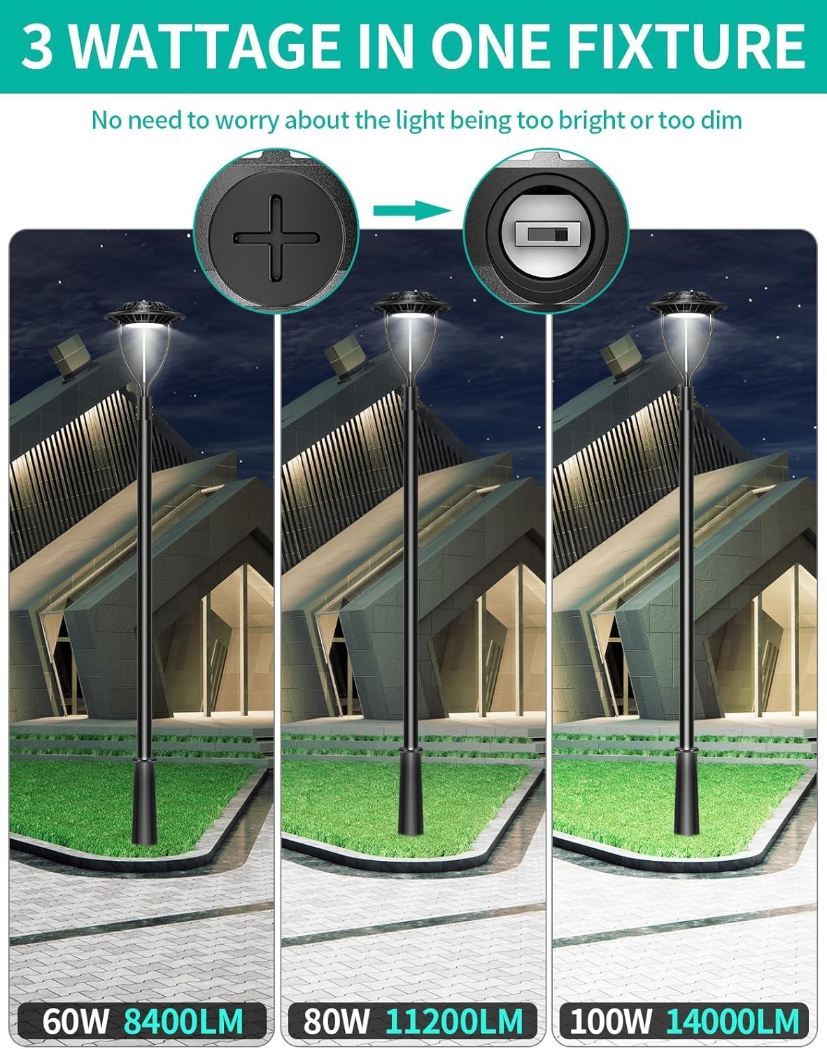 LED Post Top Light- PTA Series,100W,14000lumens,Selectable Wattage,5000K,100-277V,With Built-In Photocell