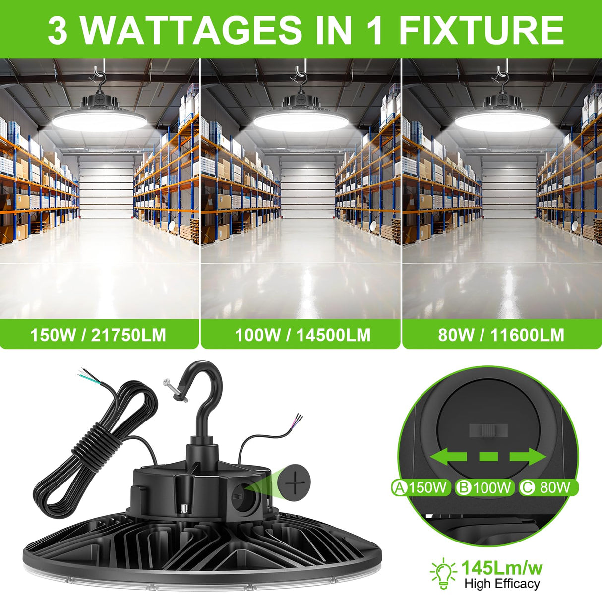NGTLIGHT LED High Bay Light - PRO Series,150W, 21750lumens, Selectable Wattage,5000K,277-480V,DIMMABLE