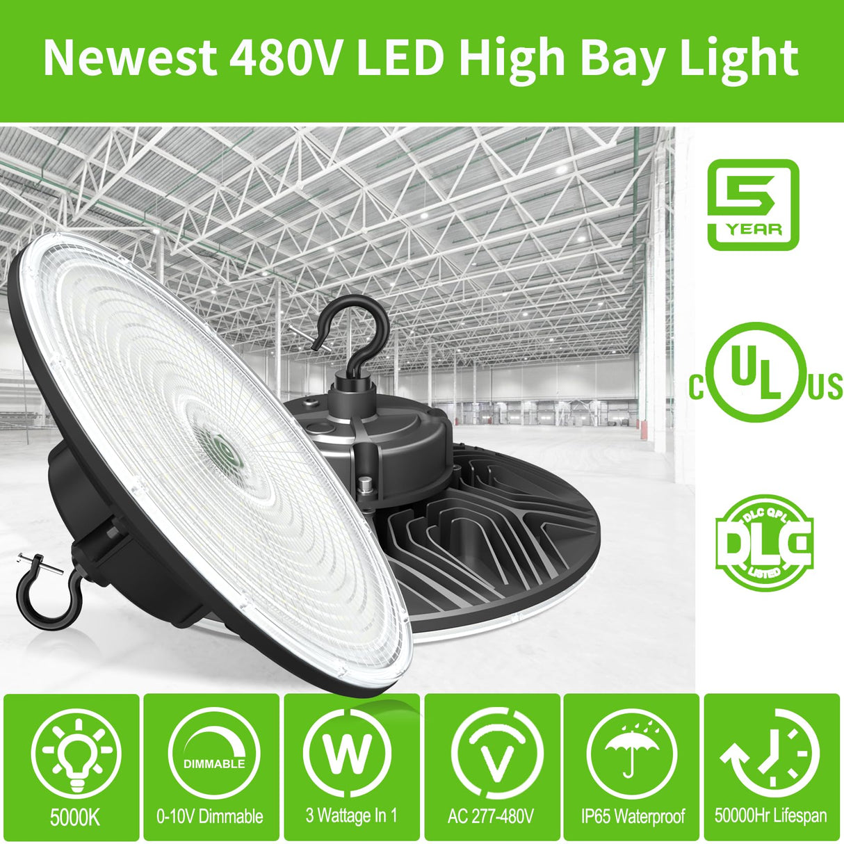 NGTLIGHT LED High Bay Light - PRO Series, 240W,34800lumens, Selectable Wattage,5000K,277-480V,DIMMABLE