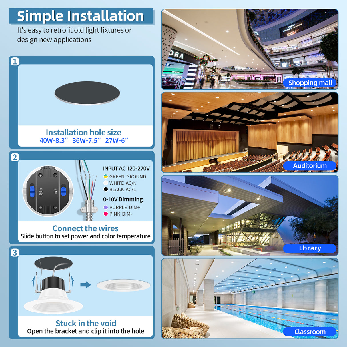 6"LED Commercial Down Light - DNL Series,27W,2970lumens,Selectable Wattage & CCT,120-347V,6 Pack