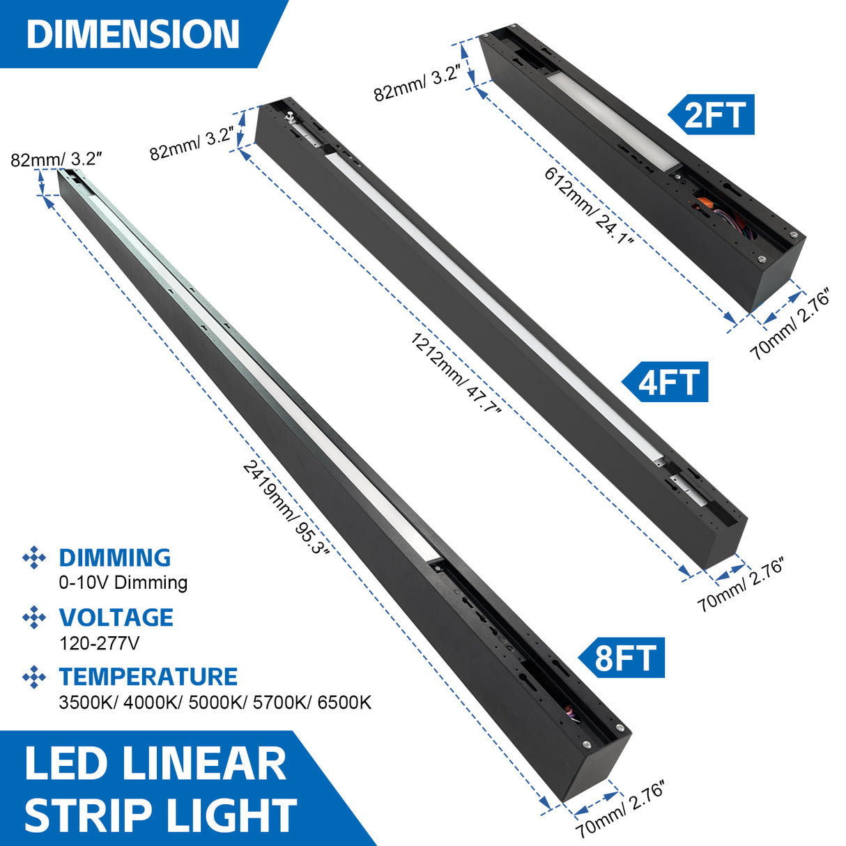 LED Architectual Light - LST Series,100W,13000lumens,Selectable Wattage & CCT,100-277V,8FT,2 Pack