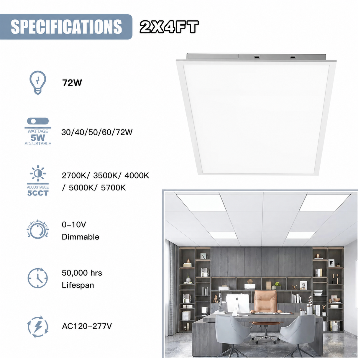 LED Flat Panel Light - FPN Series,72W,Selectable Wattage & CCT,100-277V,DIMMABLE 0-10V,2x4ft,4PACK