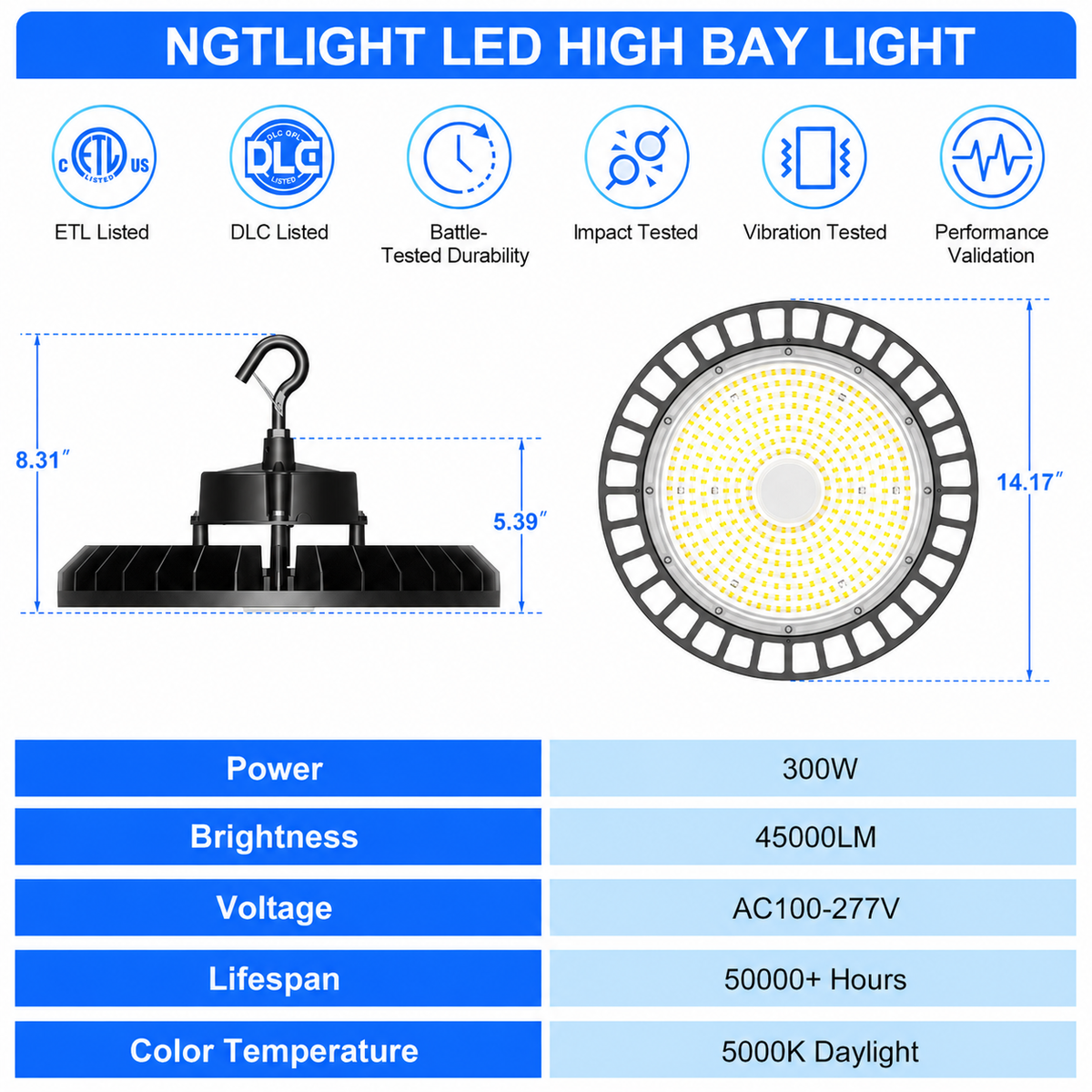 NGTLIGHT LED High Bay Light - UFO05 Series, 300W, Selectable Wattage, 5000K, 100-277V, 0-10V DIMMABLE
