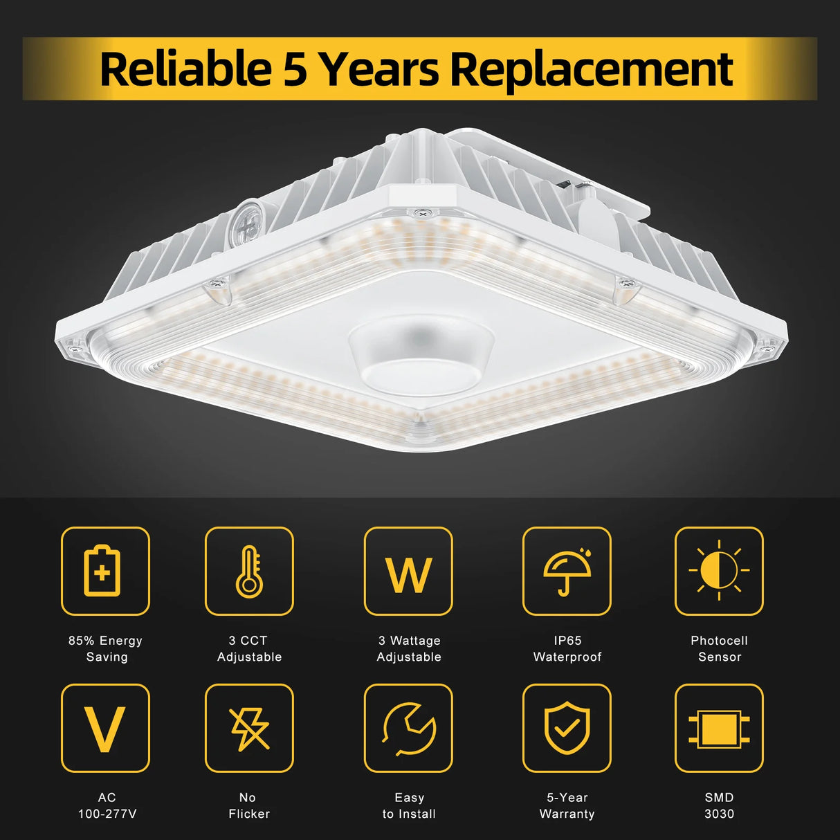 LED Canopy Light - CPG Series,100W,14000lumens,Selectable Wattage & CCT,100-277V,with Photocell