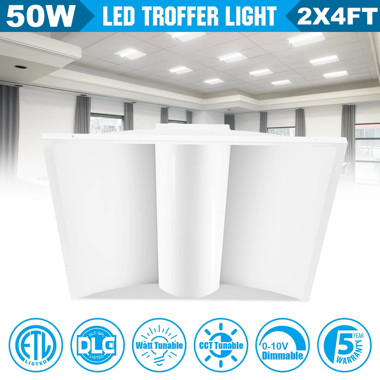 4PACK LED Troffer Light - TFL Series,50W,6500lumens,Selectable Wattage & CCT,100-277V, 2*4ft