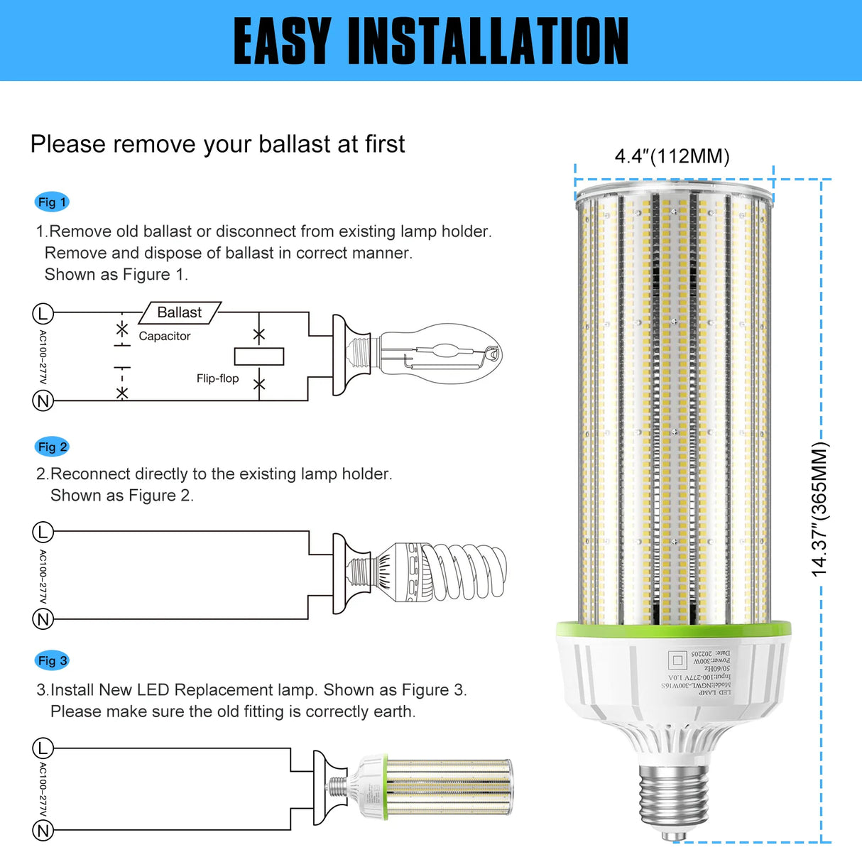 NGTLIGHT LED Corn Bulb Light - WL Series,80W-300W,11200-42000lumens,5000/5700K,100-480V,E39 Base