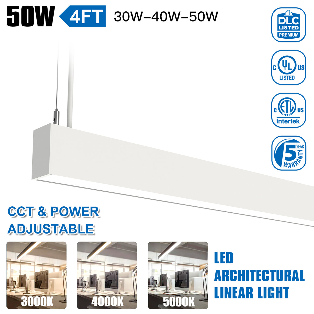 NGTLIGHT LED Architectual Light - LST06 Series, 50W, Selectable Wattage&CCT, 120-277V, 0-10V DIMMABLE, 4FT, 2 Pack