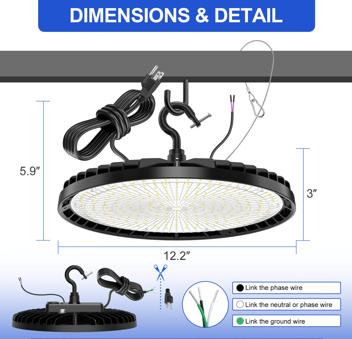 NGTLIGHT LED High Bay Light - BI Series,150W,22500lumens,Selectable Wattage&CCT,100-277V WITH US PLUG