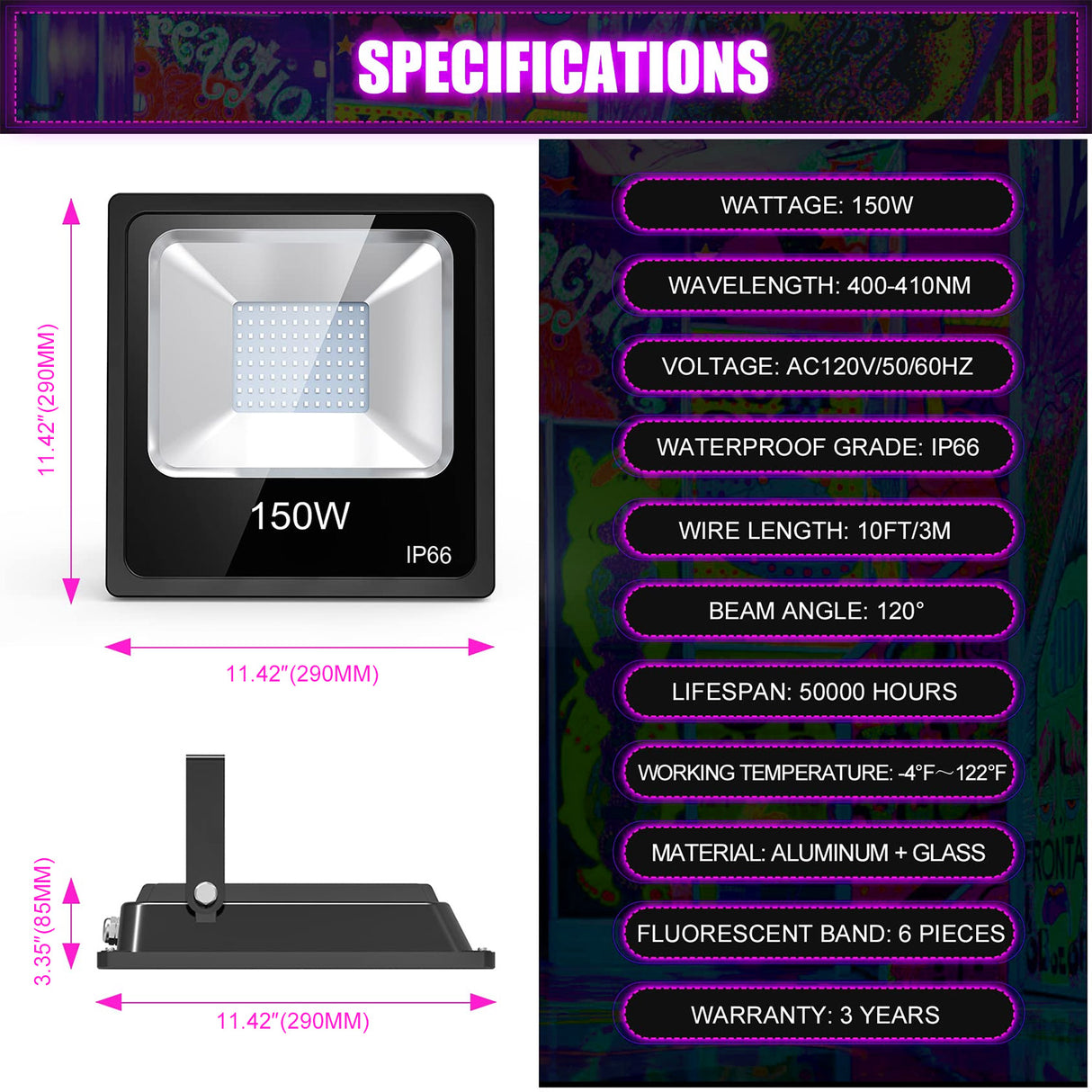 LED Wall Washer Light - UV Series,150W,410NM,AC120V
