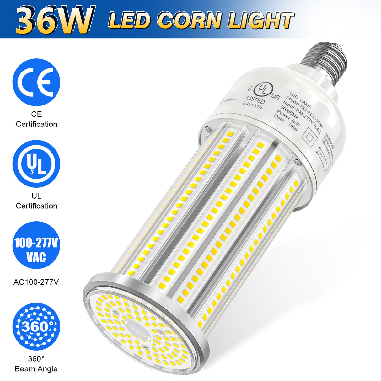 NGTLIGHT LED Retrofit Corn Bulbs Light  - RCL Series,36W,5040lumens,5000K,100-277V,E26/E39