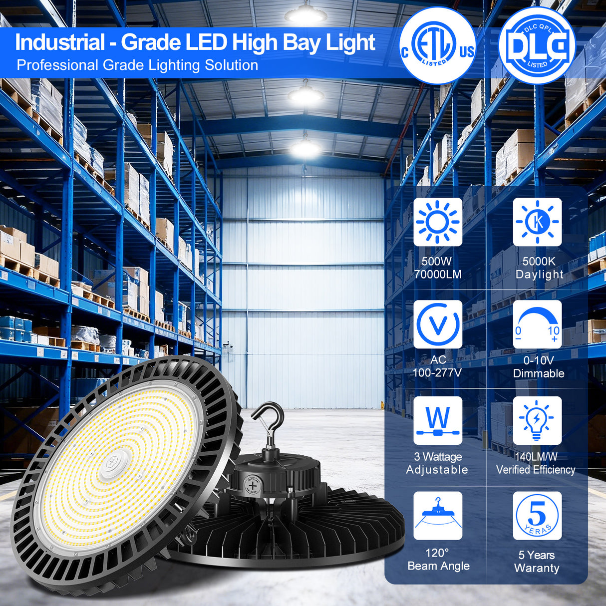 NGTLIGHT LED High Bay Light - UFO05 Series, 500W, Selectable Wattage, 5000K, 100-277V, 90° Beam Angle