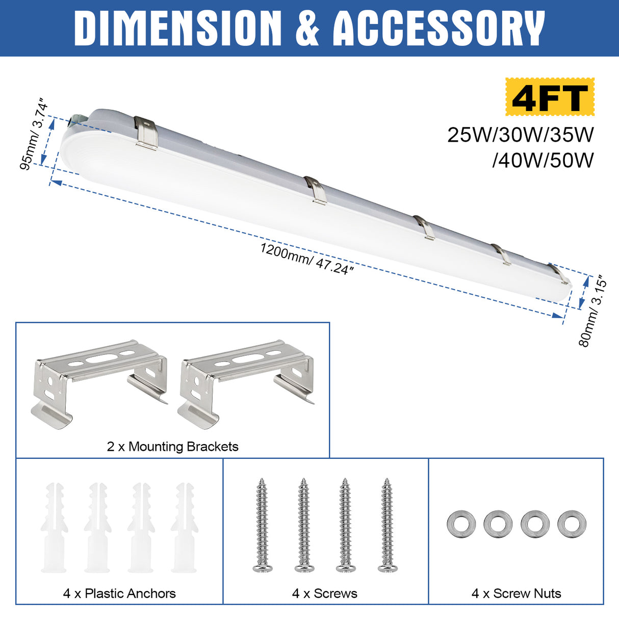 4FT LED Vapor Tight Light - VPL series,50W,Selectable Wattage & CCT,AC 100-277V, DIMMABLE 0-10V