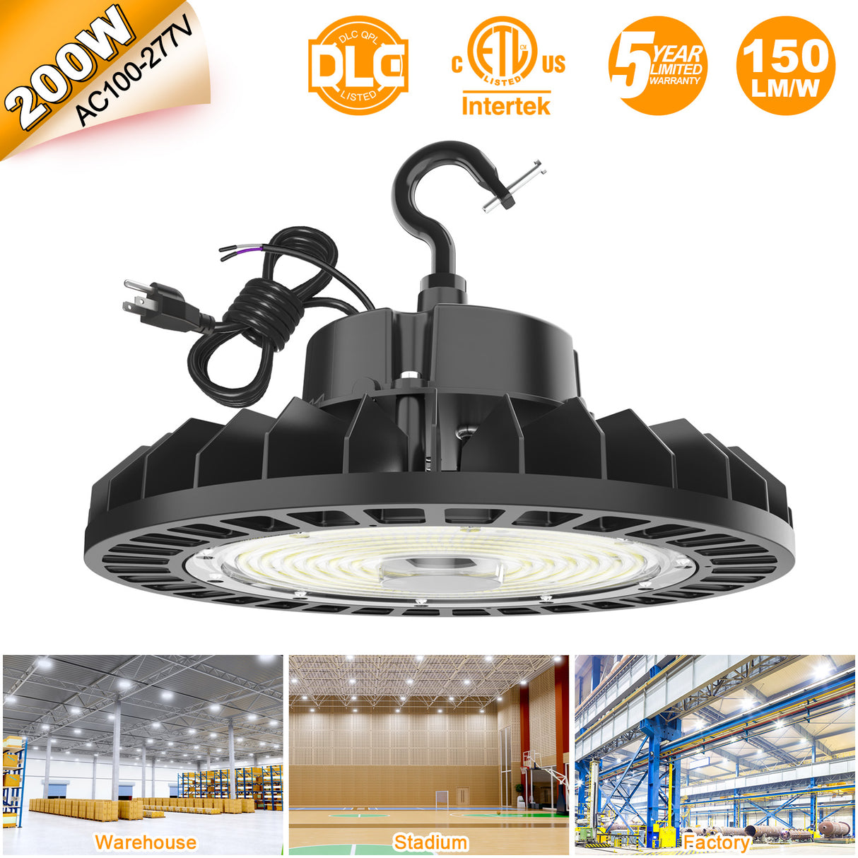 LED High Bay Light - UFO05 Series,200W,30000lumens,5000K,100-277V,US Plug