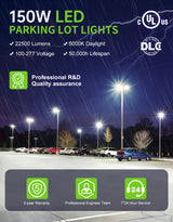 LED Parking Lot Light - PL Series With Slip Fit Mount ,150W,22500lumens,Selectable Wattage,5000K,100-277V, Built in Photocell