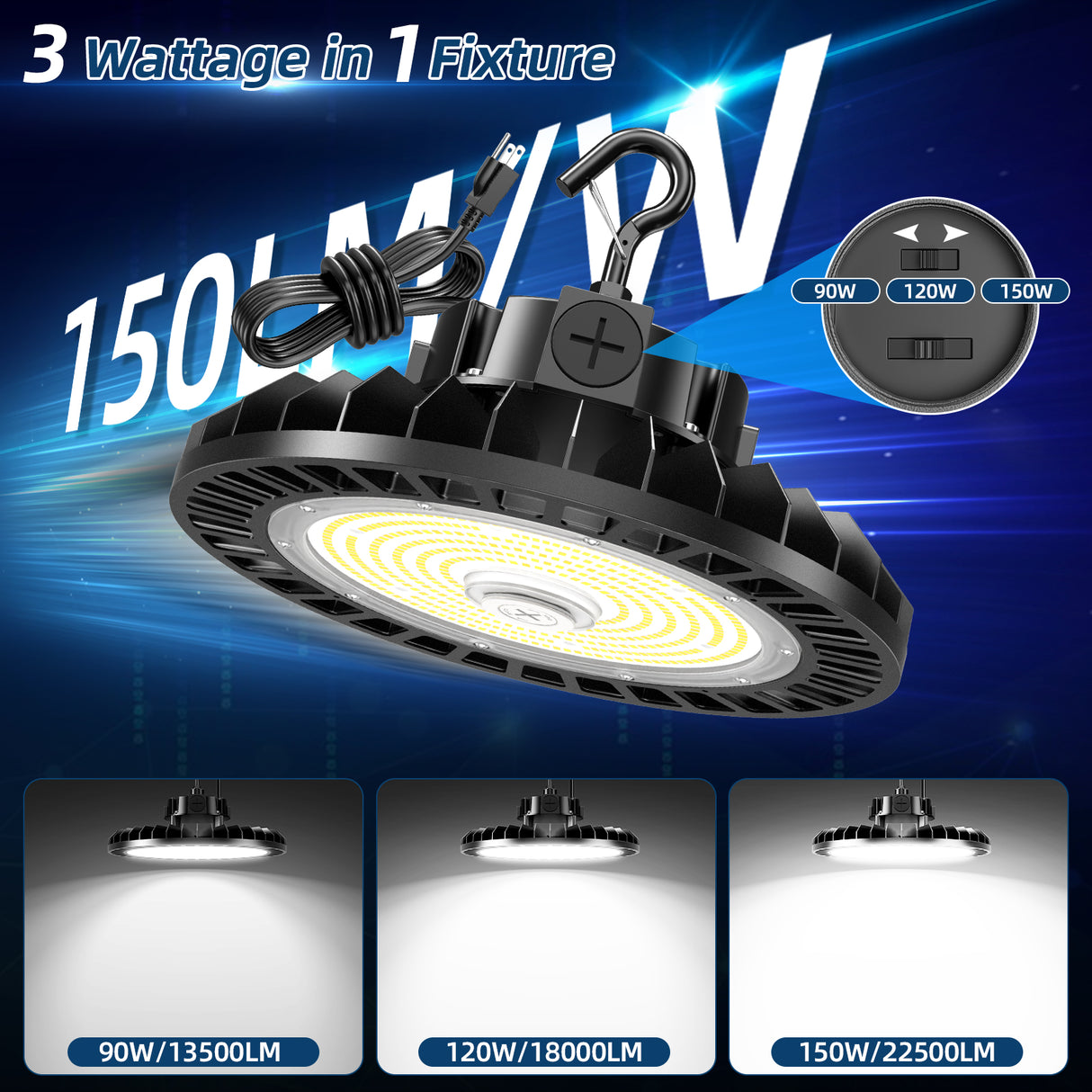 NGTLIGHT LED High Bay Light - UFO05 Series, 150W, Selectable Wattage, 5000K, 100-277V, 120° Beam Angle