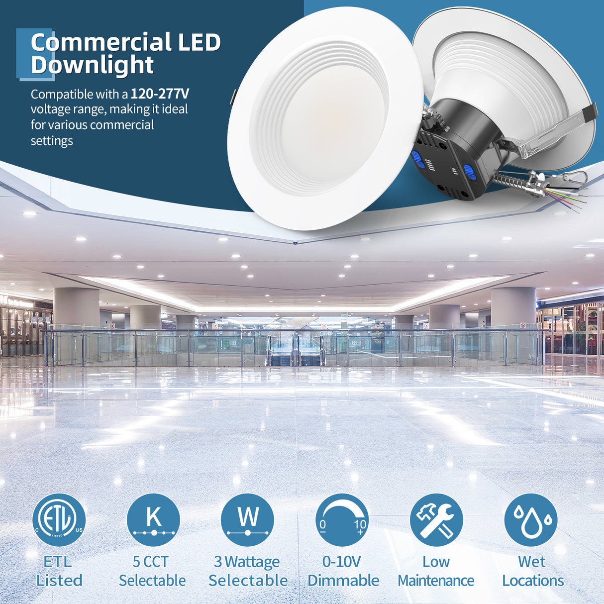 6"LED Commercial Down Light  - DNL Series,27W,2970lumens,Selectable Wattage & CCT,120-347V,6 Pack