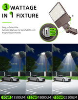 LED Parking Lot Light - PL Series With Slip Fit Mount ,150W,22500lumens,Selectable Wattage,5000K,100-277V, Built in Photocell