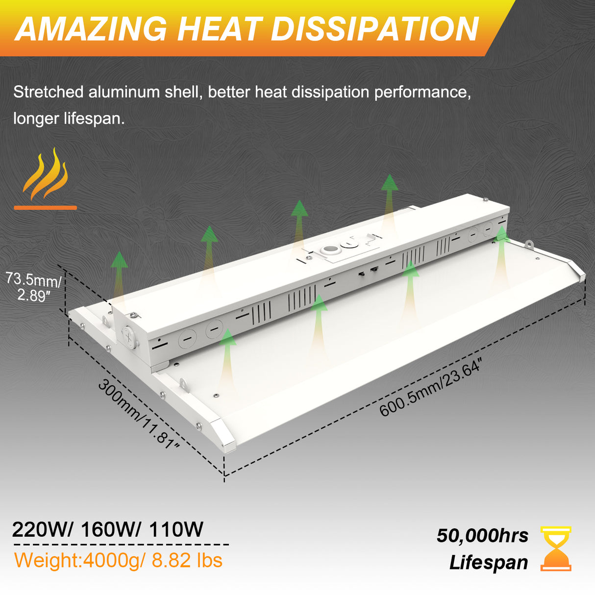 LED Linear High Bay Light - LHB07 Series,220W,33000lumens,,Selectable Wattage & CCT,100-277V,2FT,WITH AUDIO JACK SENSOR BASE