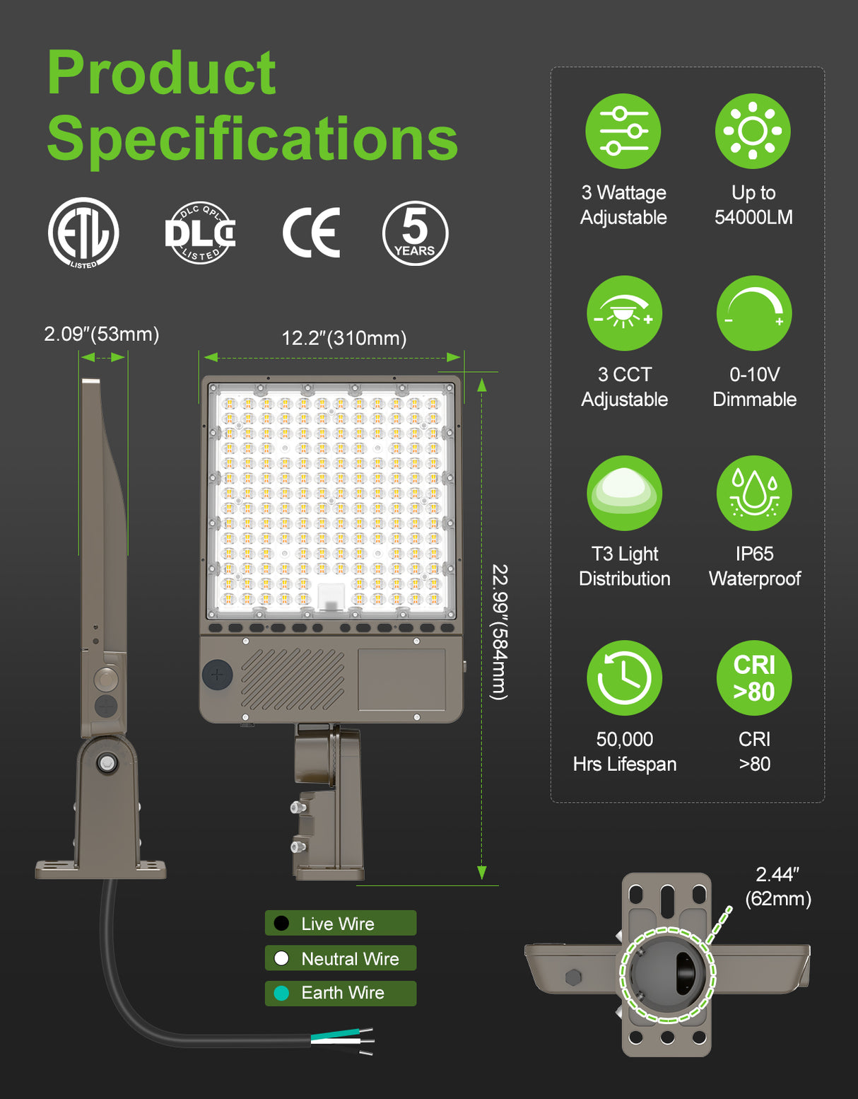 NGTLIGHT LED Parking Lot Light - NPL Series,360W,54000lumens,Selectable Wattage & CCT,100-277V, Built in Photocell,Universal Mount