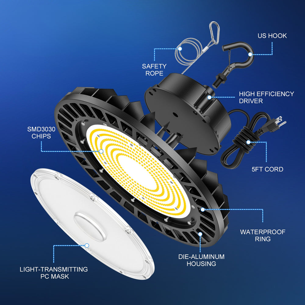 NGTLIGHT LED High Bay Light - UFO05 Series, 150W, Selectable Wattage&CCT, 100-277V, 120° Beam Angle, US PLUG Application