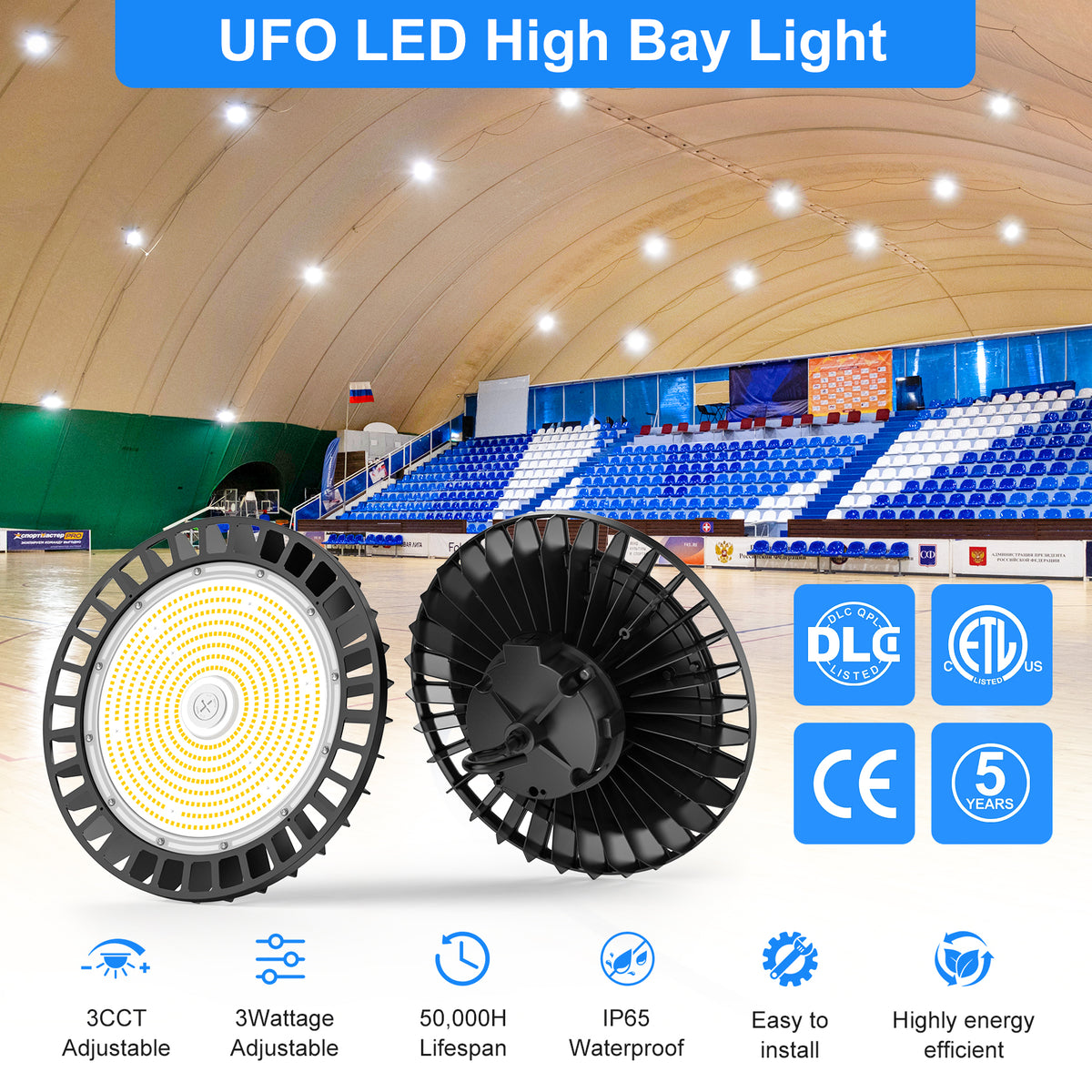 NGTLIGHT LED High Bay Light - UFO05 Series, 240W, Selectable Wattage&CCT, 100-277V, 90° Beam Angle, US PLUG