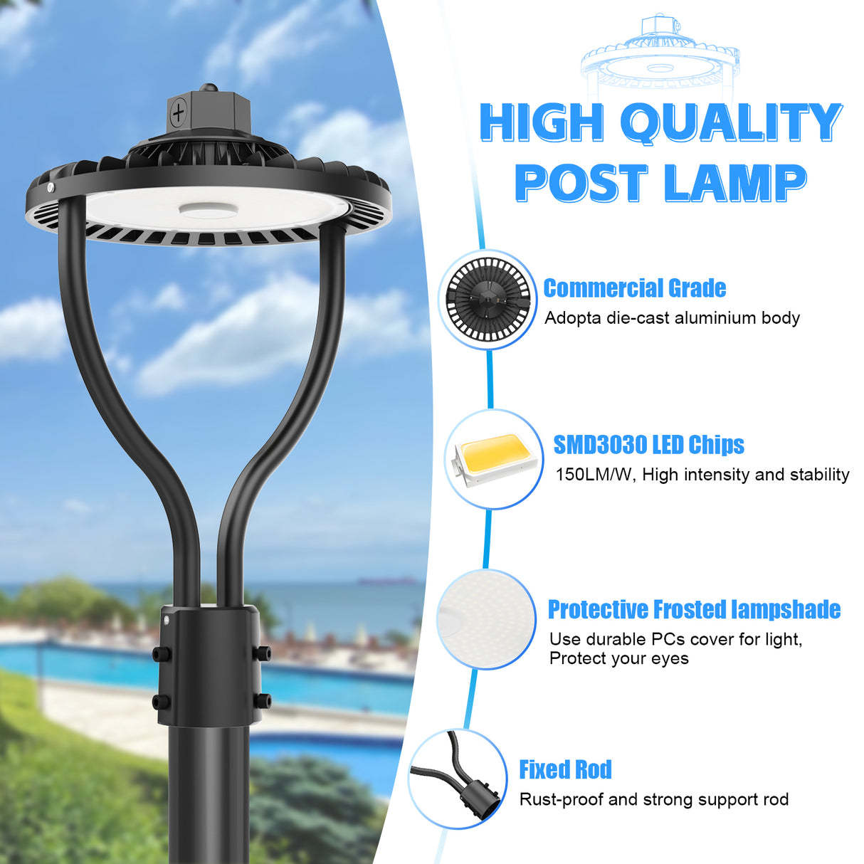 LED Post Circle Light - PCA Series,80W,12000lumens,Selectable Wattage & CCT,100-277V,WITH PHOTOCELL