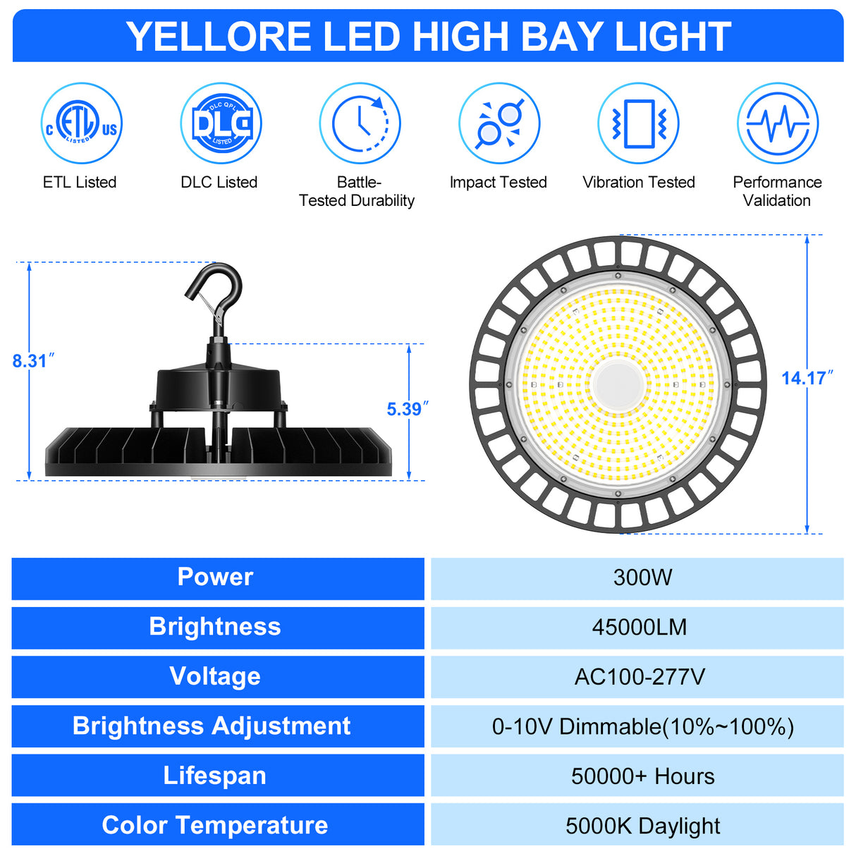 NGTLIGHT LED High Bay Light - UFO05 Series,300W,45000lumens,Selectable Wattage,5000K,100-277V,DIMMABLE