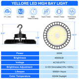 NGTLIGHT LED High Bay Light - UFO05 Series,300W,45000lumens,Selectable Wattage,5000K,100-277V,DIMMABLE