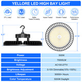 NGTLIGHT LED High Bay Light - UFO05 Series, 500W, Selectable Wattage, 5000K, 100-277V, 90° Beam Angle