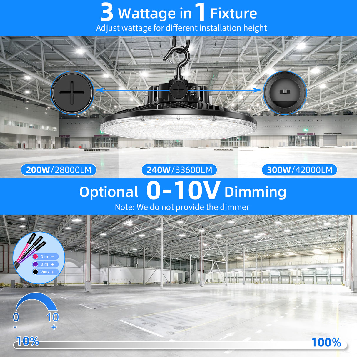 LED High Bay Light - PRO Series,300W,42000lumens,Selectable Wattage,5000K,100-277V,0-10V DIMMABLE