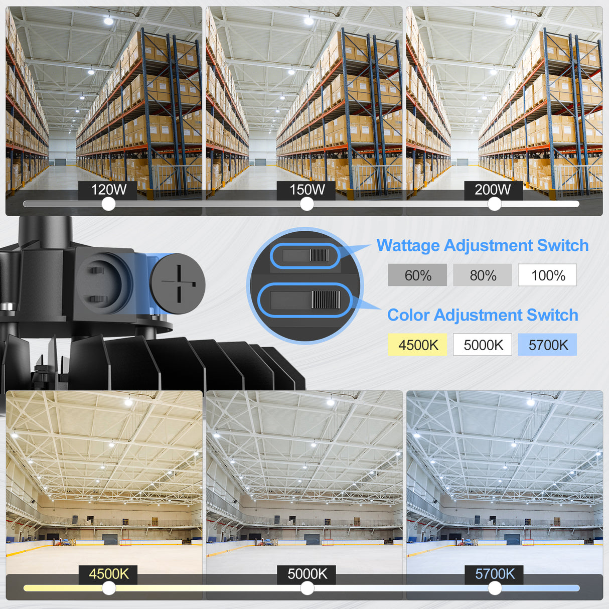 NGTLIGHT LED High Bay Light - UFO05 Series, 200W, Selectable Wattage&CCT, 100-277V, 90° Beam Angle, US PLUG