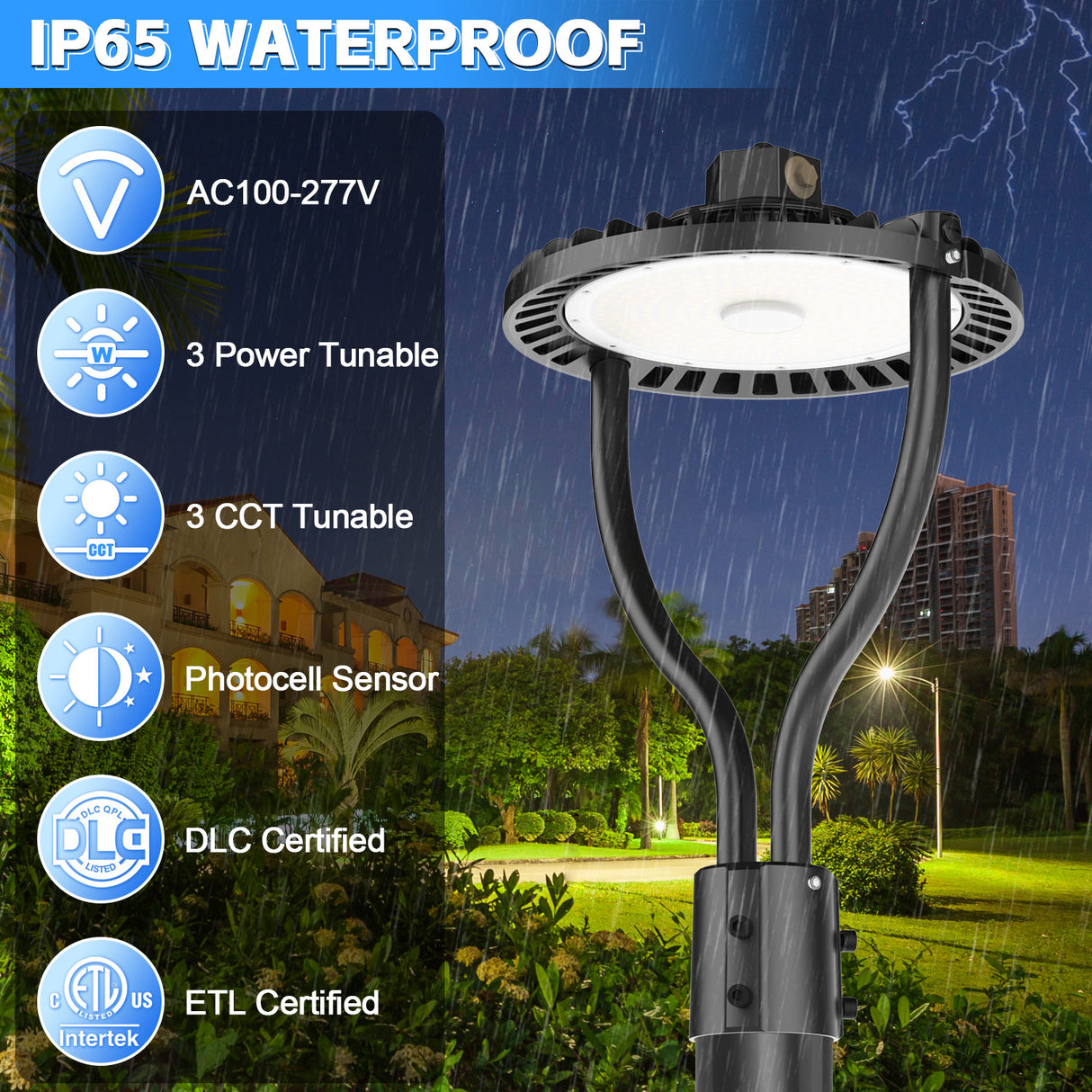 LED Post Circle Light - PCA Series,100W,15000lumens,Selectable Wattage & CCT,100-277V,WITH PHOTOCELL