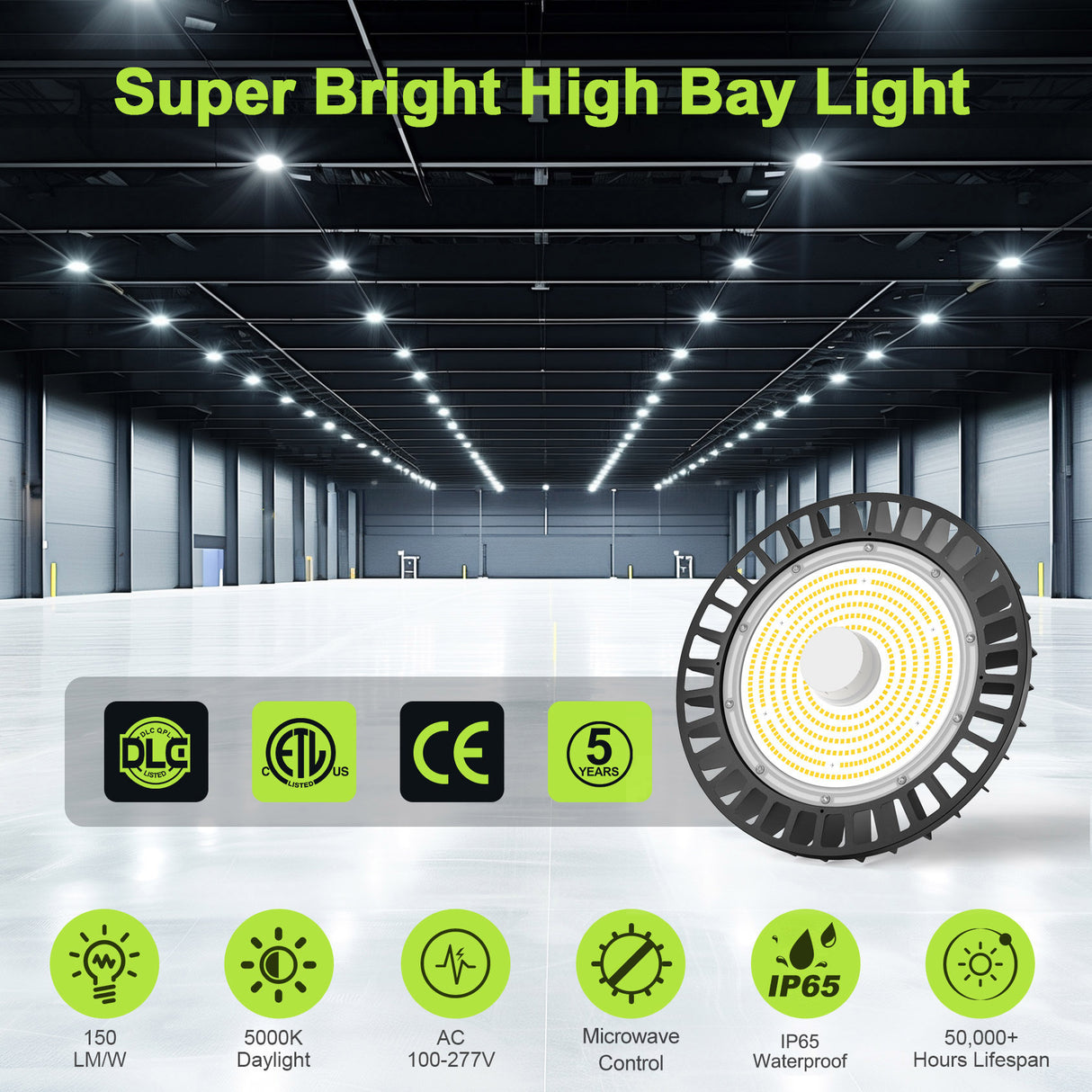 LED High Bay Light - UFO05 Series,150W,22500lumens,Selectable Wattage,5000K,100-277V,With MICROWAVE EXPANSION PORT 120°