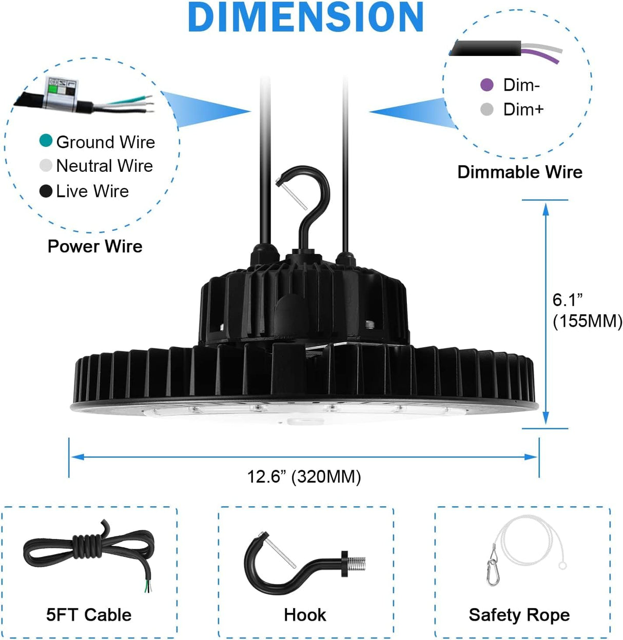 LED High Bay Ligh - IHB Series,150W,21750lumens, 0-10V DIMMABLE, 5000K, 100-277V